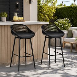 Outdoor Bar Stools Black Plastic Seat Metal Frame Patio Furniture Modern Design