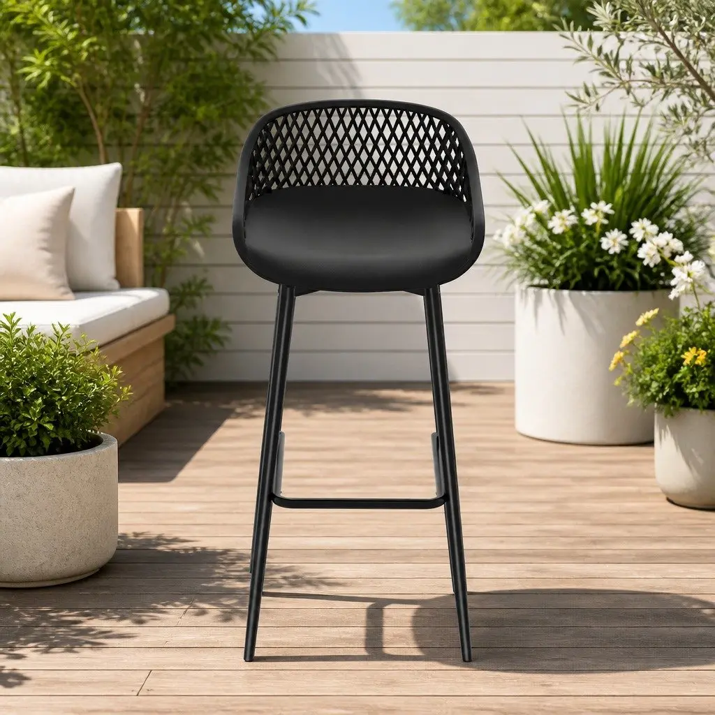 Outdoor Bar Stools Black Plastic Seat Metal Frame Height Adjustable 2 Piece