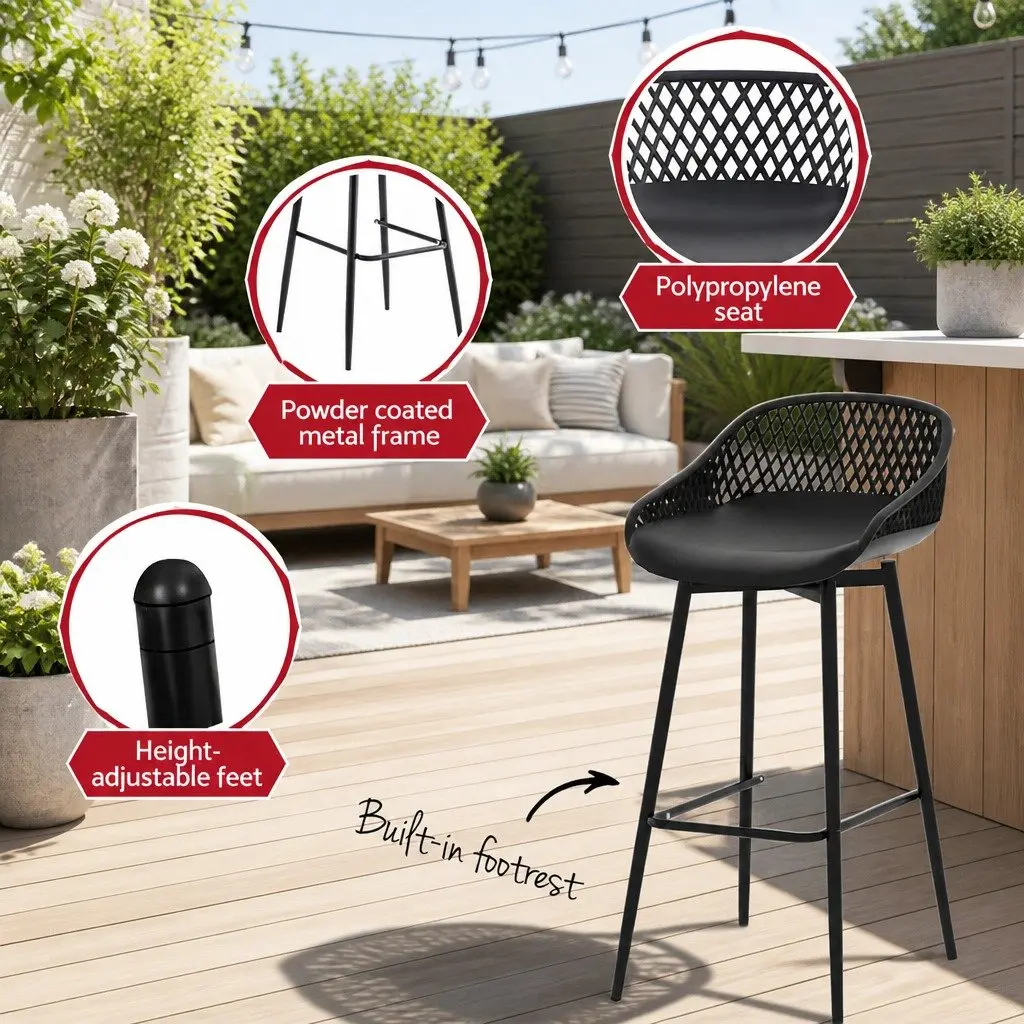 Outdoor Bar Stools Black Plastic Seat Metal Frame Height Adjustable 2 Piece