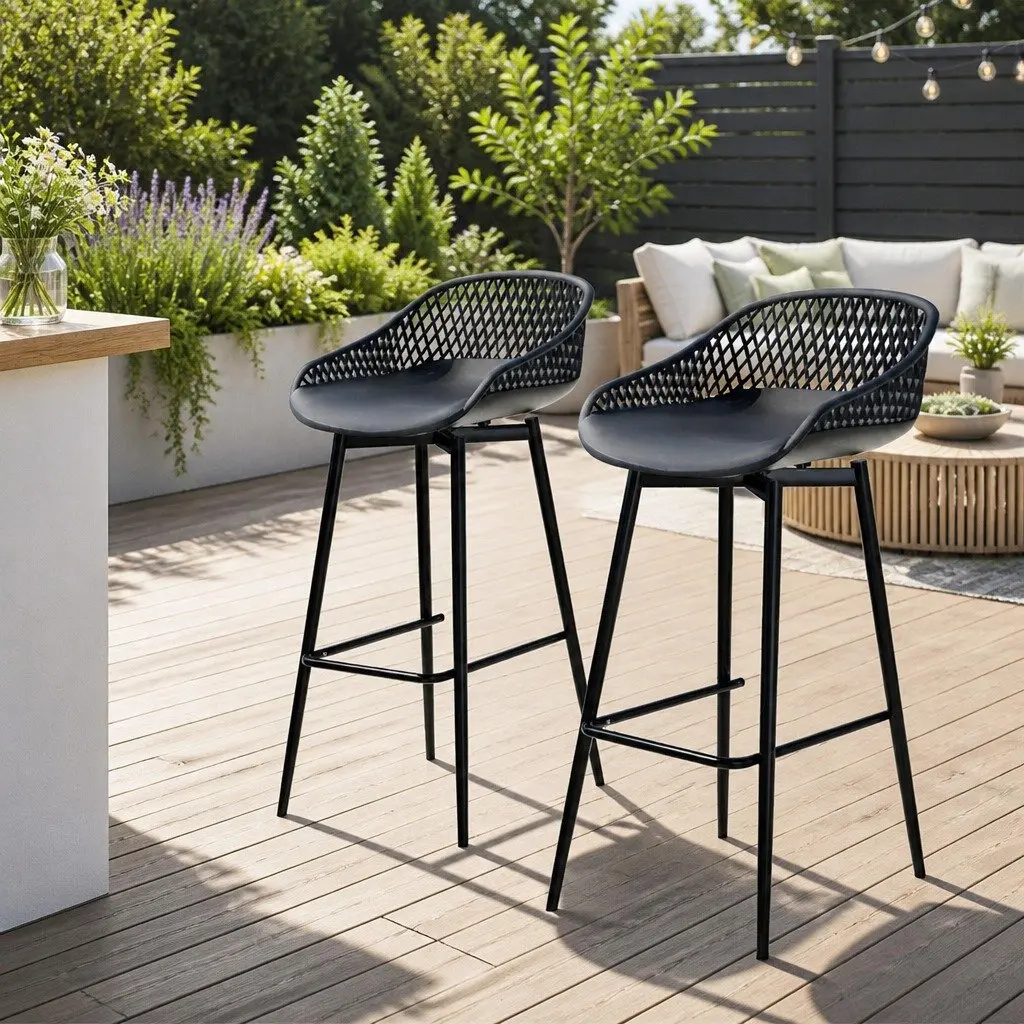 Outdoor Bar Stools Black Plastic Seat Metal Frame Height Adjustable 2 Piece