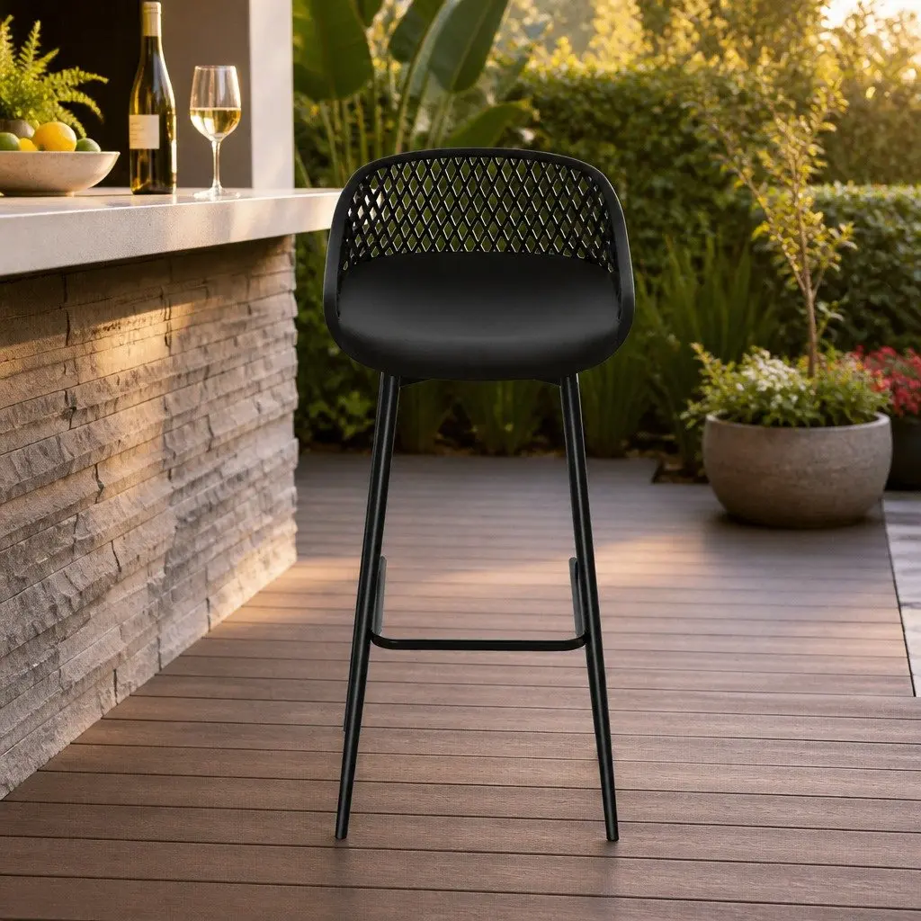 Outdoor Bar Stools Set of 4 Black Plastic Seat Metal Frame Backrest Footrest