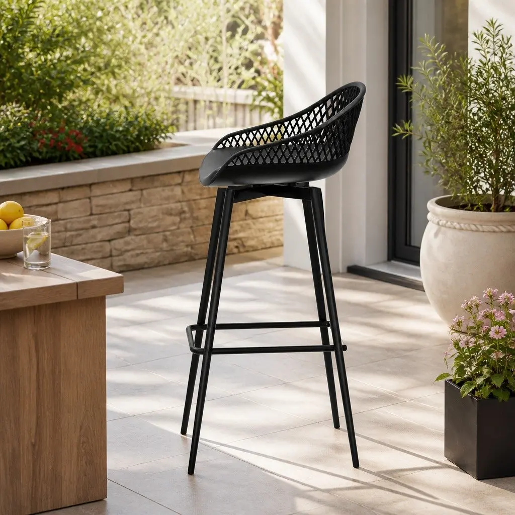 Outdoor Bar Stools Set of 4 Black Plastic Seat Metal Frame Backrest Footrest