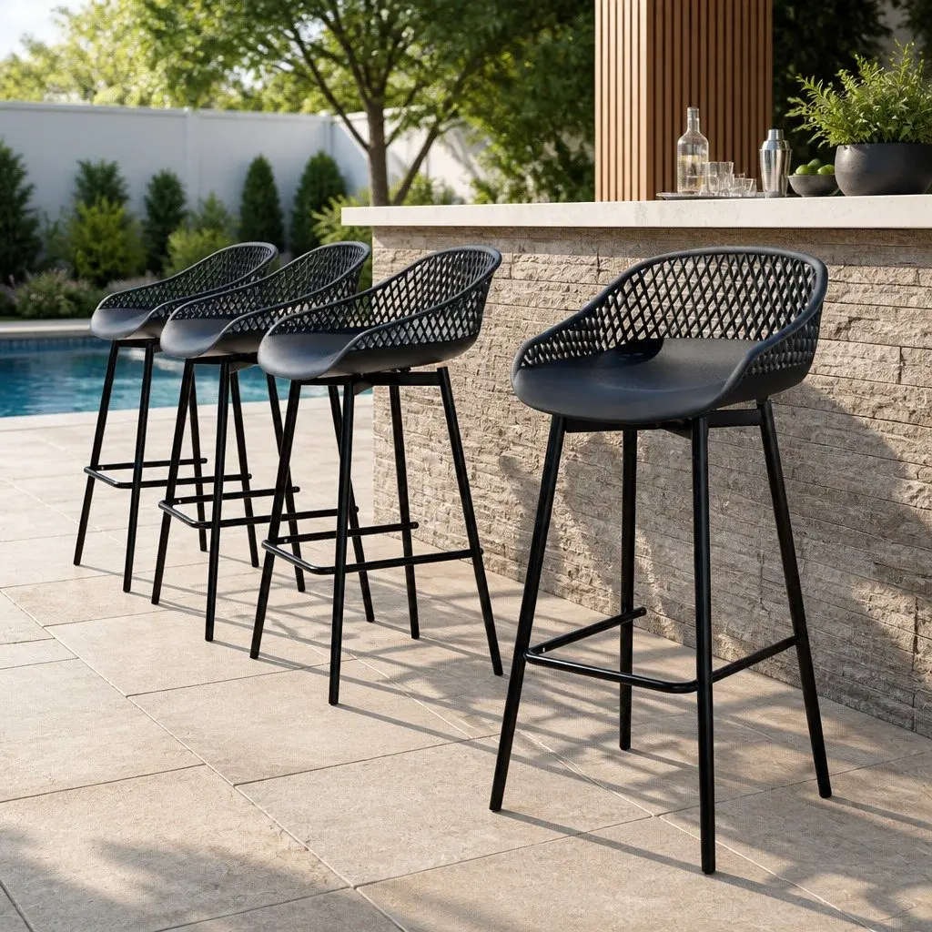 Outdoor Bar Stools Set of 4 Black Plastic Seat Metal Frame Backrest Footrest