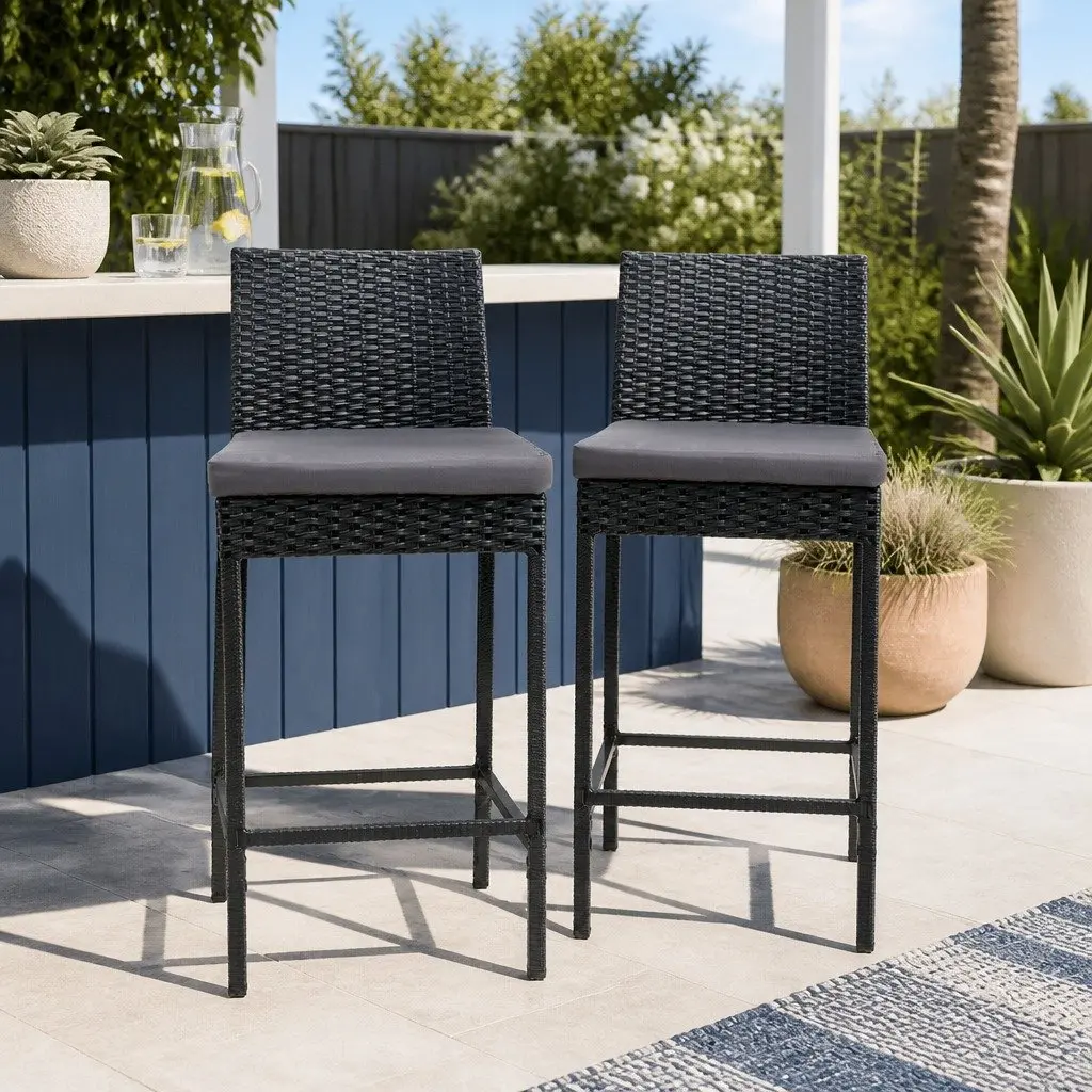 Outdoor Bar Stools Hand-Woven Rattan 2-Piece Set Black Grey 40cm W x 42cm D x 103cm H