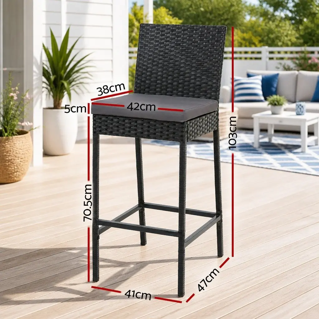 Outdoor Bar Stools Hand-Woven Rattan 2-Piece Set Black Grey 40cm W x 42cm D x 103cm H