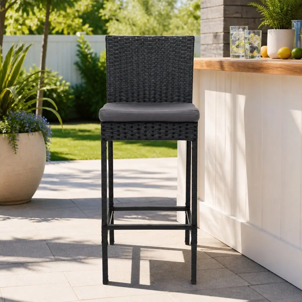 Outdoor Bar Stools Hand-Woven Rattan 2-Piece Set Black Grey 40cm W x 42cm D x 103cm H