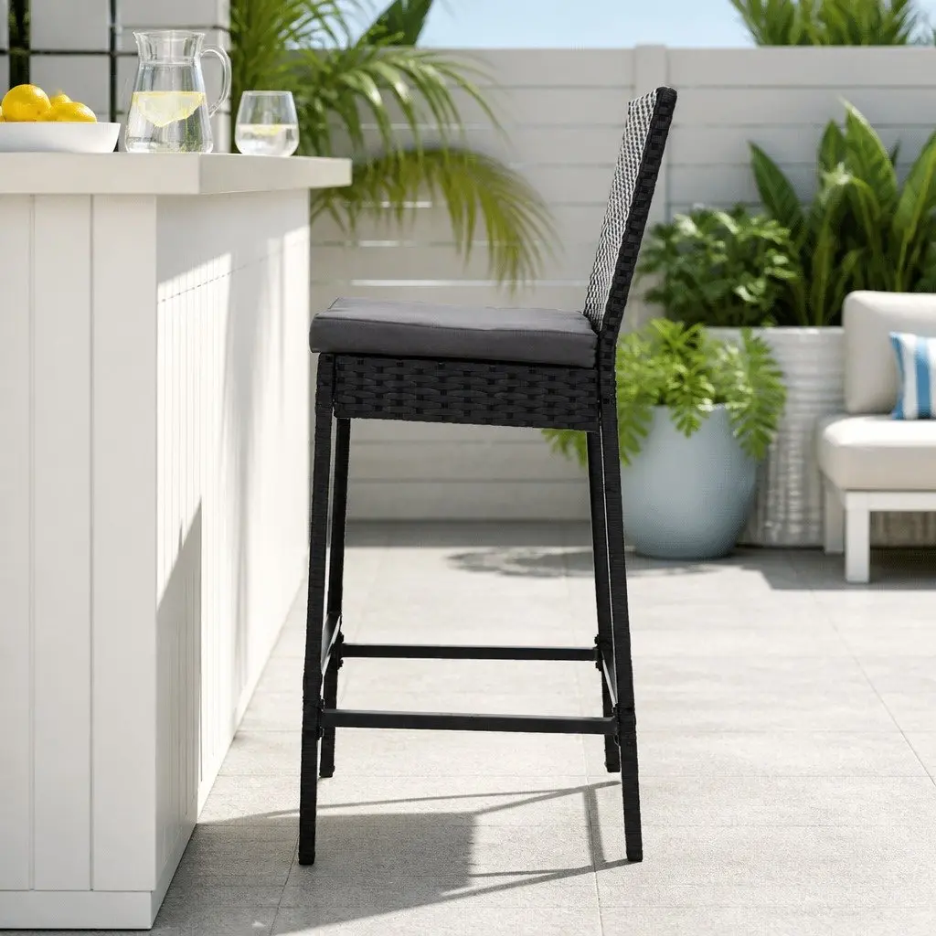 Outdoor Bar Stools Hand-Woven Rattan 2-Piece Set Black Grey 40cm W x 42cm D x 103cm H