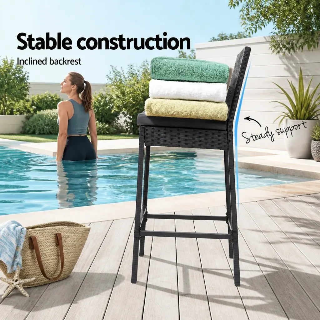 Outdoor Bar Stools Hand-Woven Rattan 2-Piece Set Black Grey 40cm W x 42cm D x 103cm H