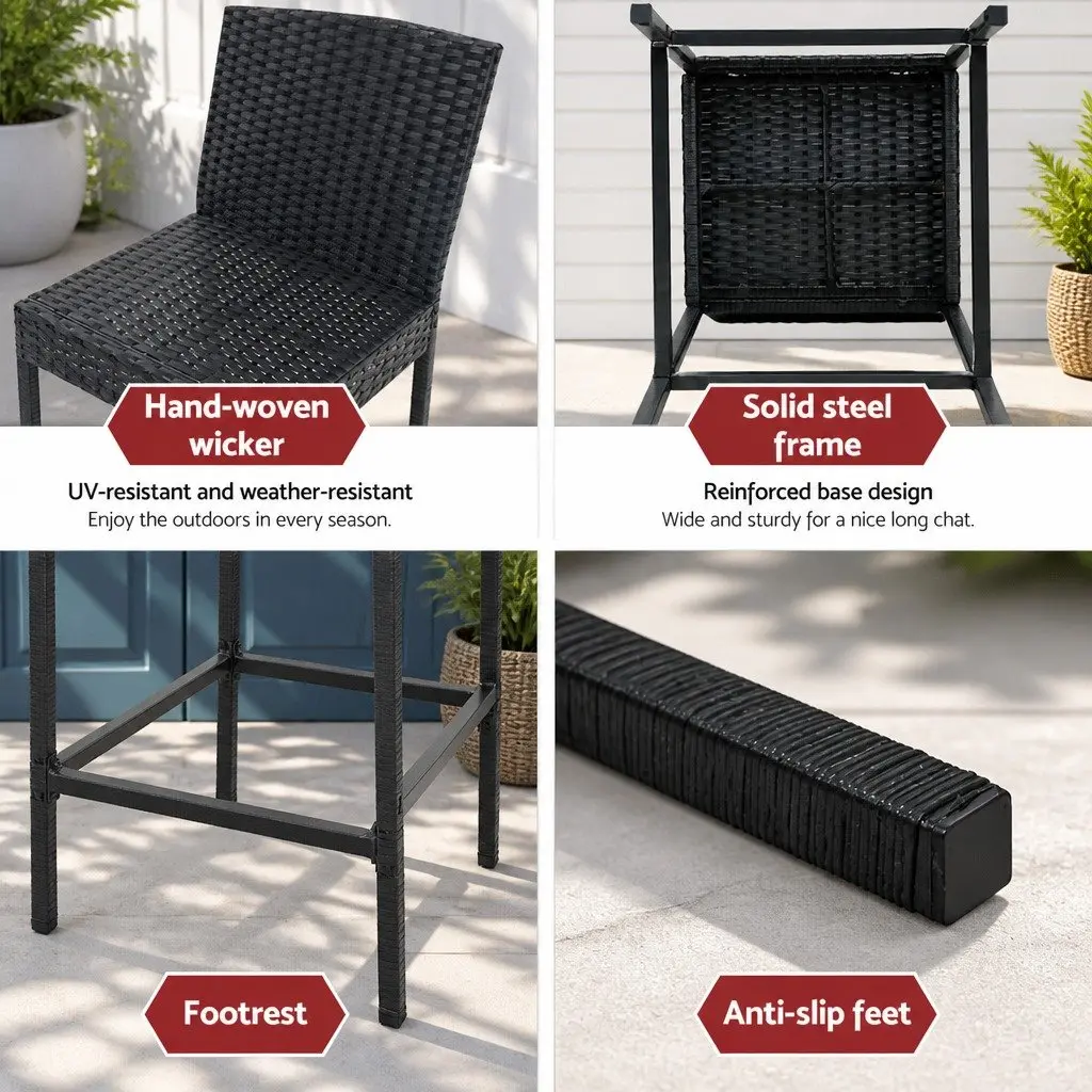 Outdoor Bar Stools Hand-Woven Rattan 2-Piece Set Black Grey 40cm W x 42cm D x 103cm H