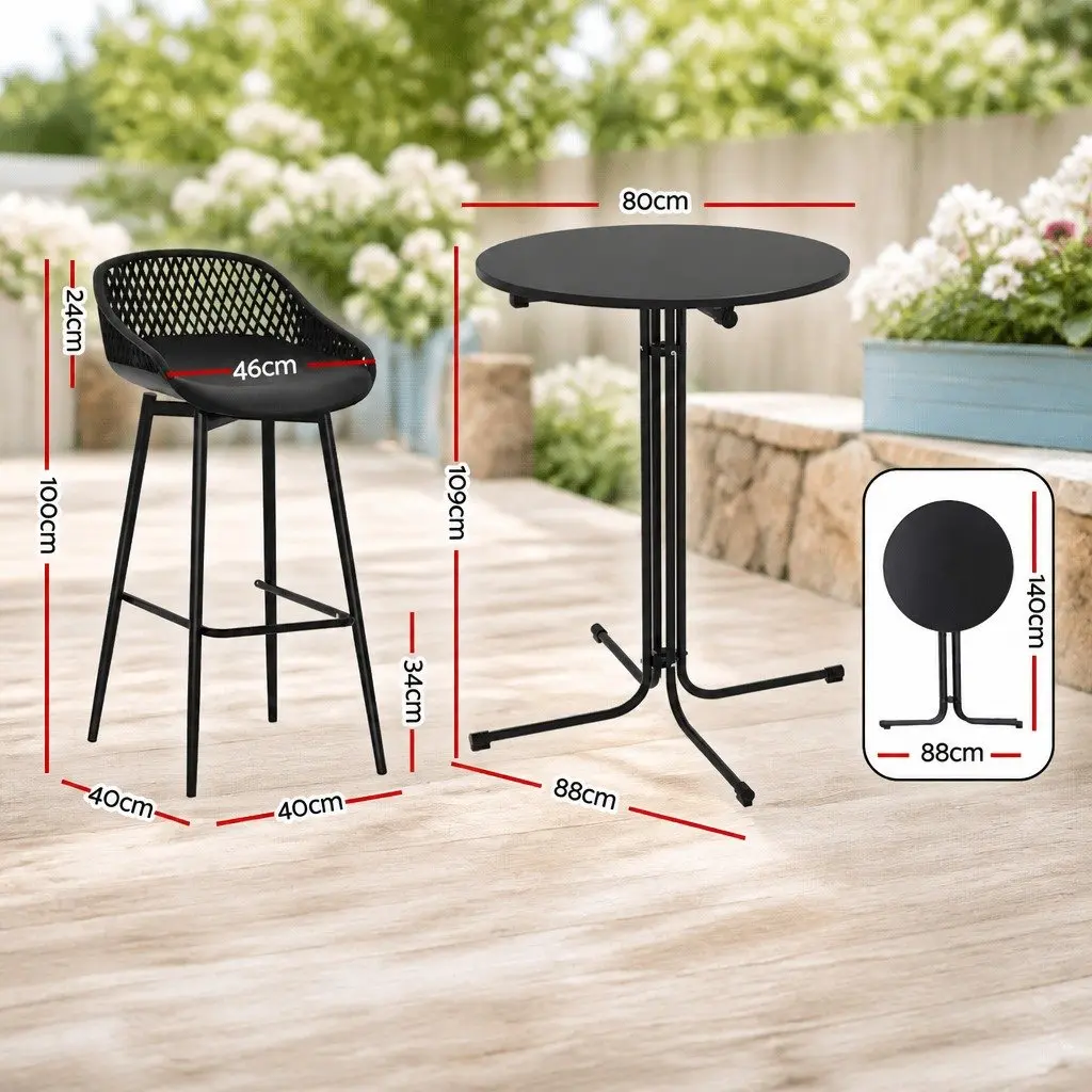 3 Piece Outdoor Dining Set Black Bar Stools and Table for Patio Garden Balcony Poolside