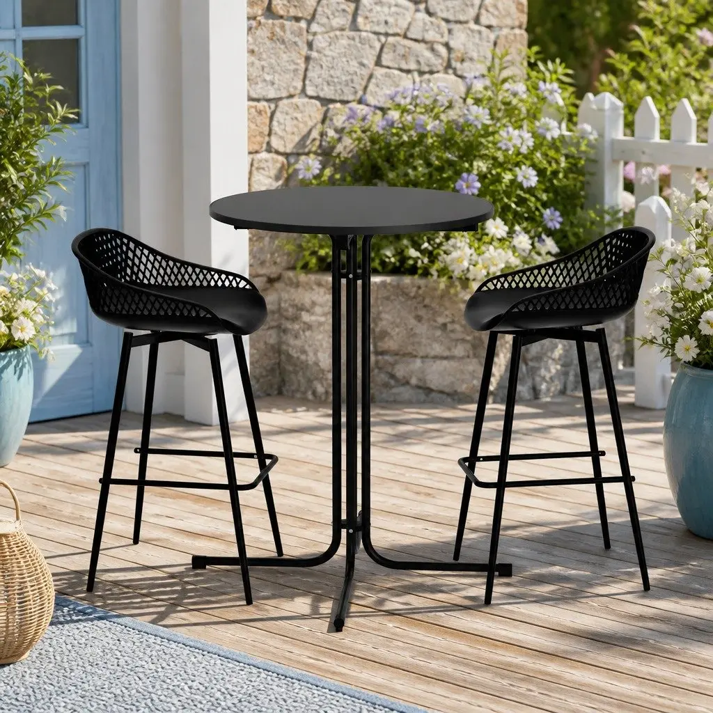 3 Piece Outdoor Dining Set Black Bar Stools and Table for Patio Garden Balcony Poolside