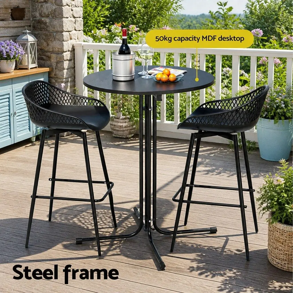 3 Piece Outdoor Dining Set Black Bar Stools and Table for Patio Garden Balcony Poolside