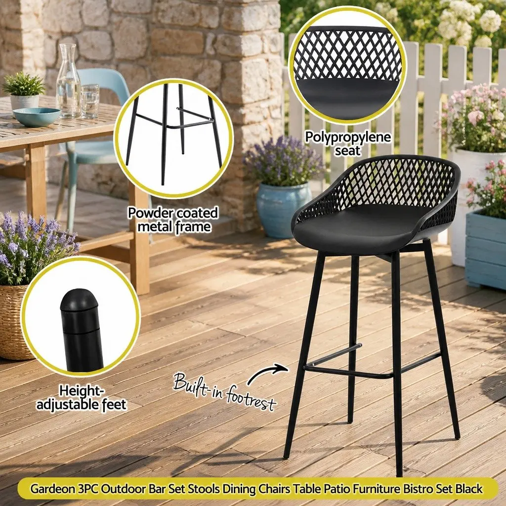 3 Piece Outdoor Dining Set Black Bar Stools and Table for Patio Garden Balcony Poolside