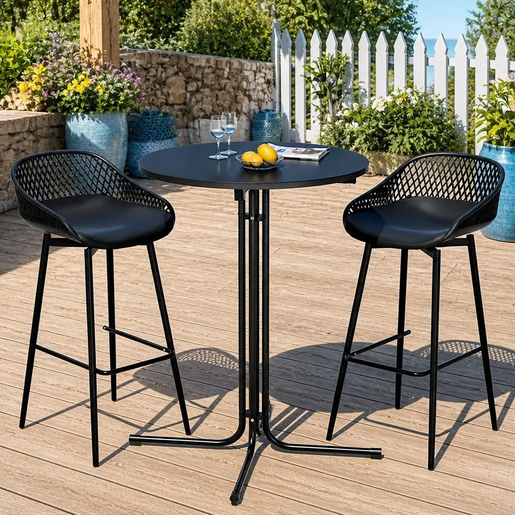 3 Piece Outdoor Dining Set Black Bar Stools and Table for Patio Garden Balcony Poolside