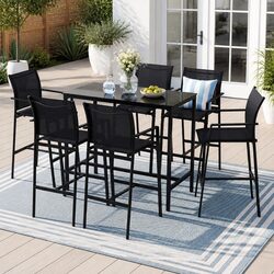 7-Piece Outdoor Bar Stools Dining Set with Table Patio Bistro Black Steel Glass