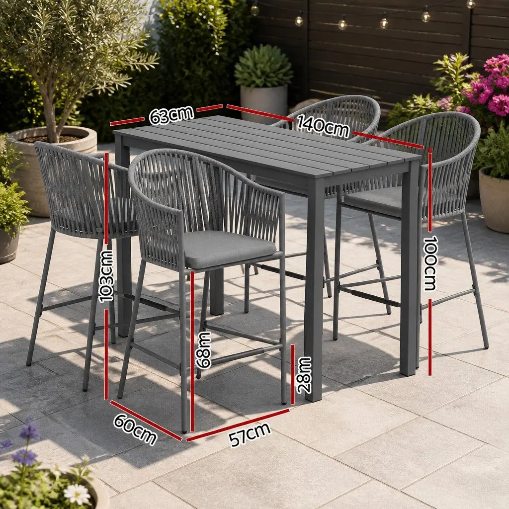 Outdoor Bar Set 5-Piece Dining Patio Furniture Hand-Woven Rope Grey Cushion