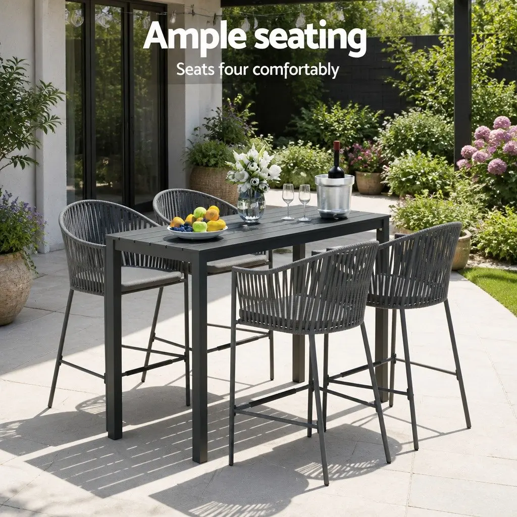 Outdoor Bar Set 5-Piece Dining Patio Furniture Hand-Woven Rope Grey Cushion