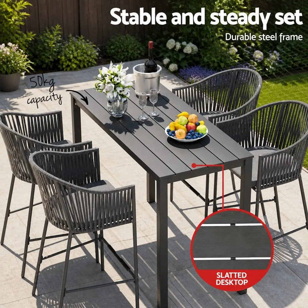 Outdoor Bar Set 5-Piece Dining Patio Furniture Hand-Woven Rope Grey Cushion