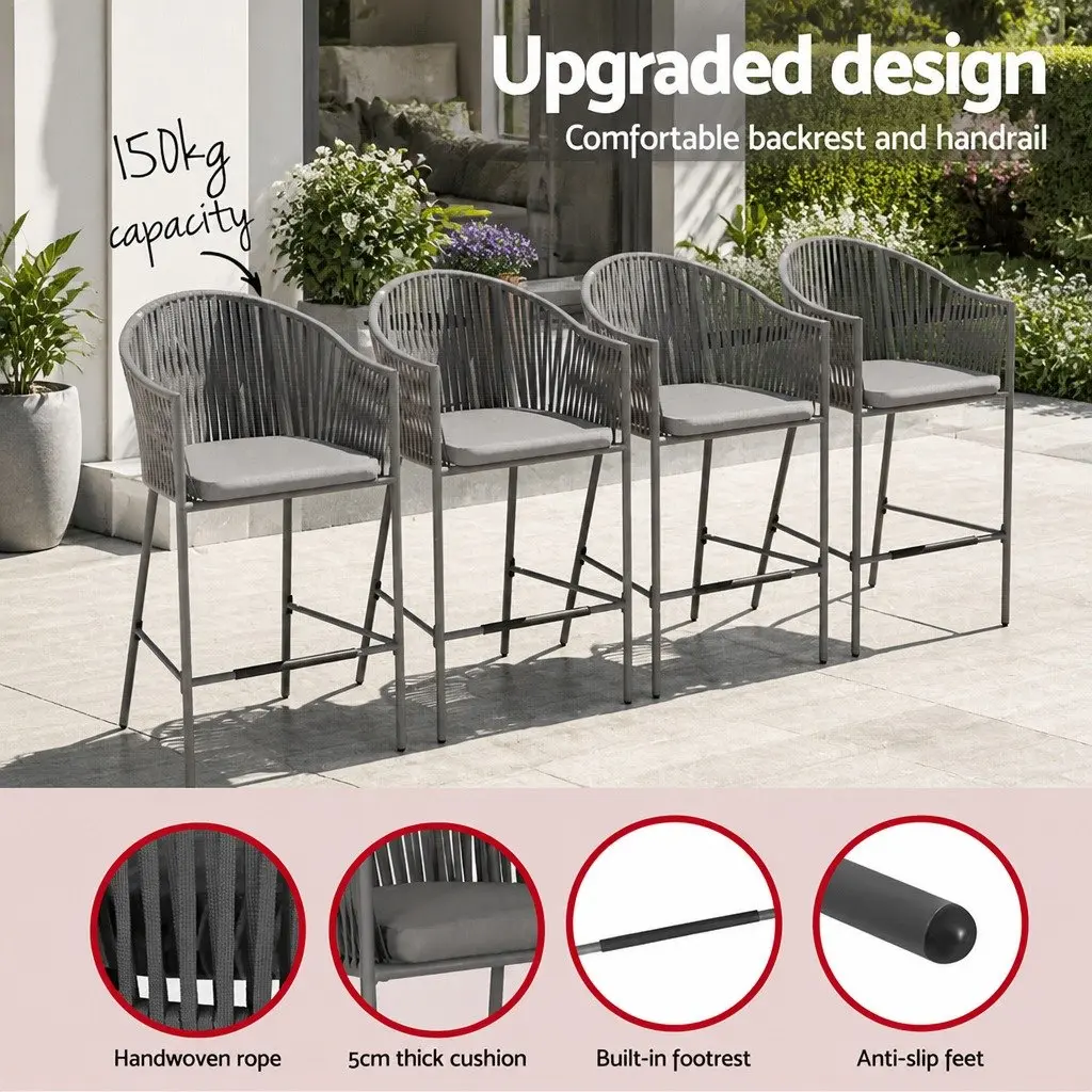 Outdoor Bar Set 5-Piece Dining Patio Furniture Hand-Woven Rope Grey Cushion