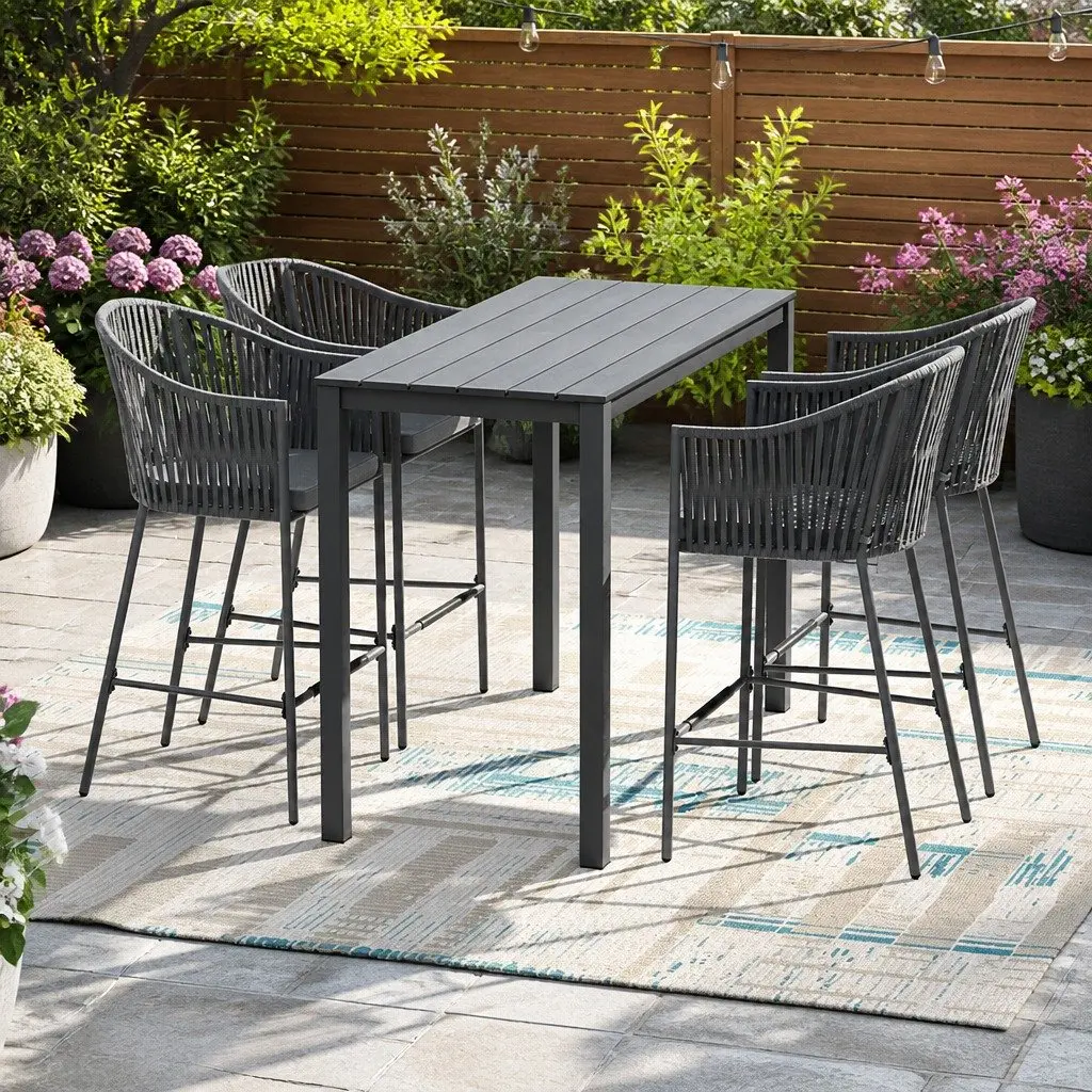 Outdoor Bar Set 5-Piece Dining Patio Furniture Hand-Woven Rope Grey Cushion