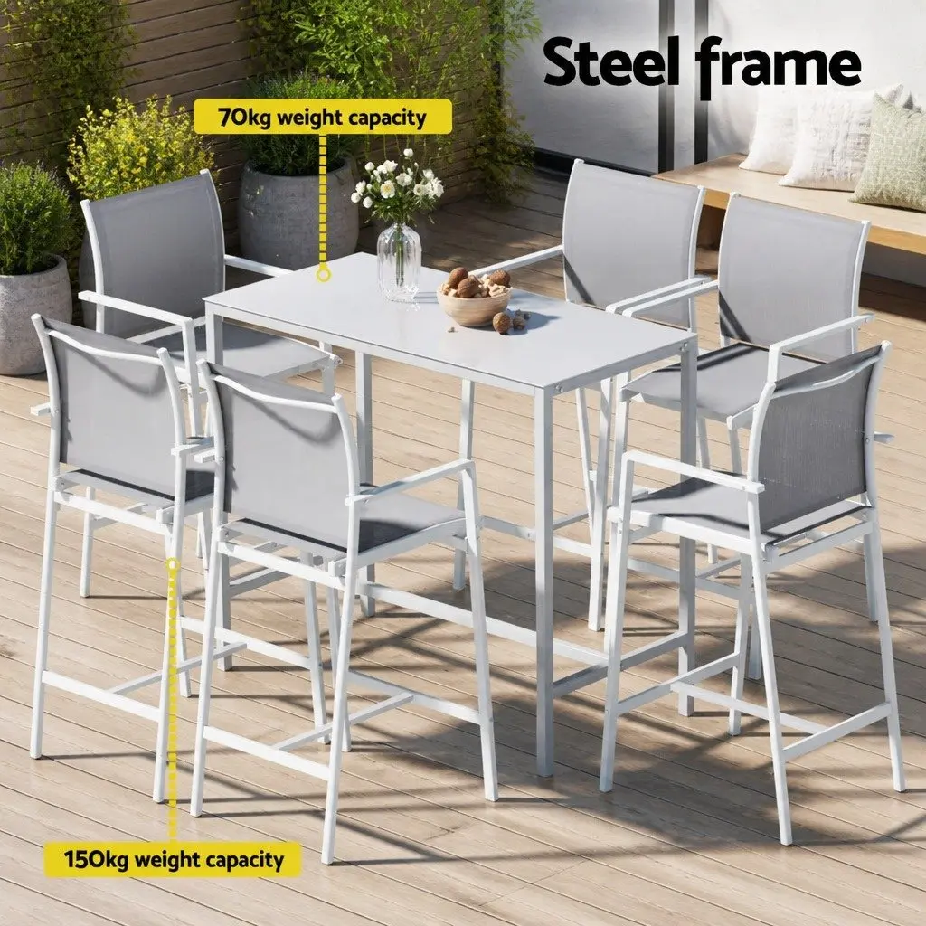 Outdoor Bar Stools Dining Set 7 Piece Steel Patio Furniture White Bistro Table