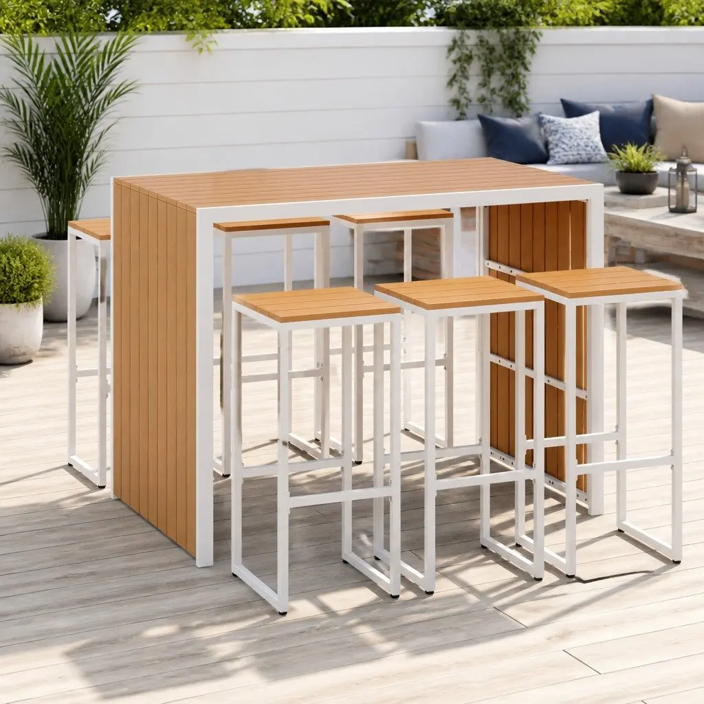 7-Piece Outdoor Bar Set 6 Seater Patio Dining Table Chairs Bistro Garden