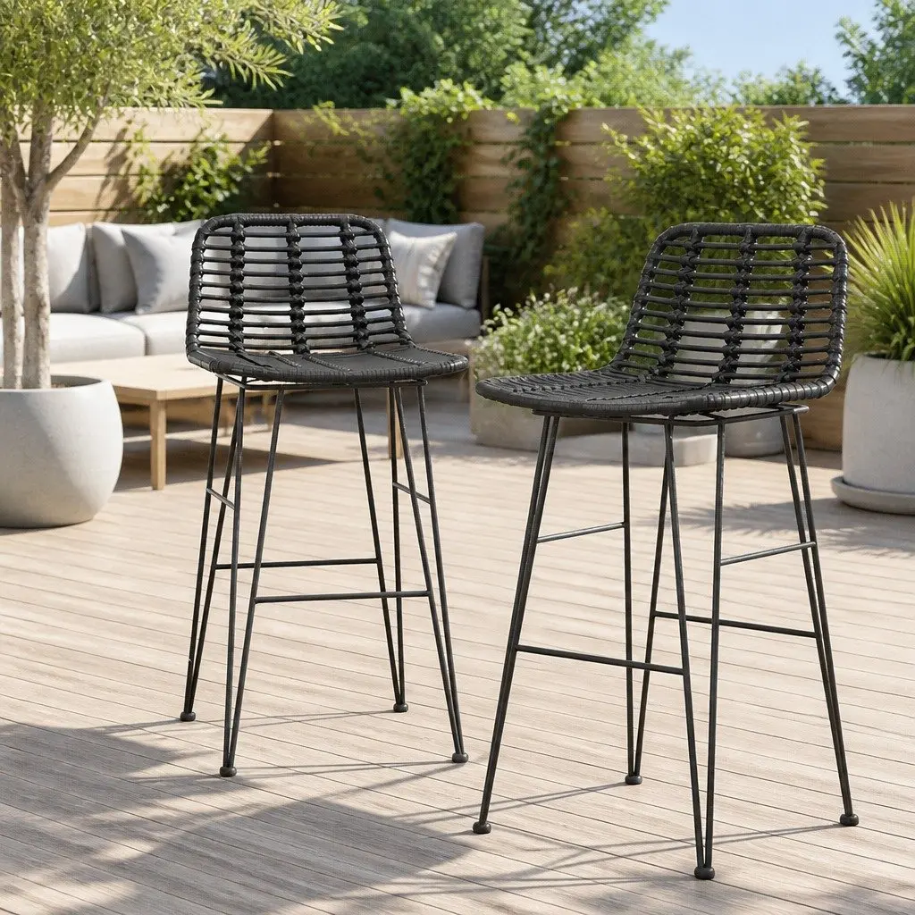 Outdoor Bar Stools Hand-Woven Wicker Black 2 Piece