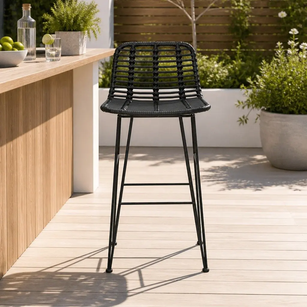 Outdoor Bar Stools Hand-Woven Wicker Black 2 Piece