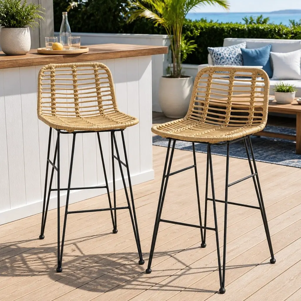 Outdoor Bar Stools Hand-woven Wicker with Backrest and Footrest Set of 2
