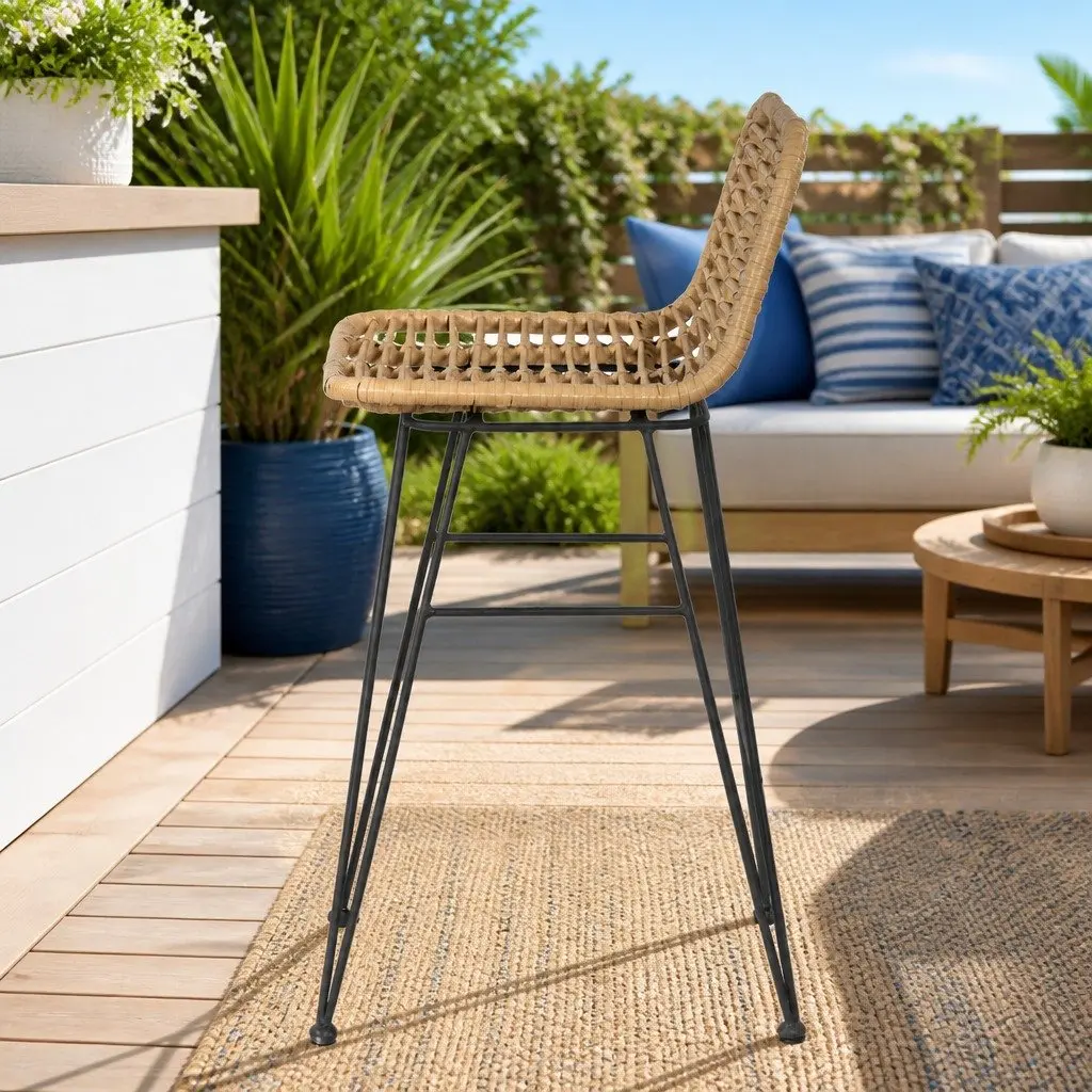 Outdoor Bar Stools Hand-woven Wicker with Backrest and Footrest Set of 2
