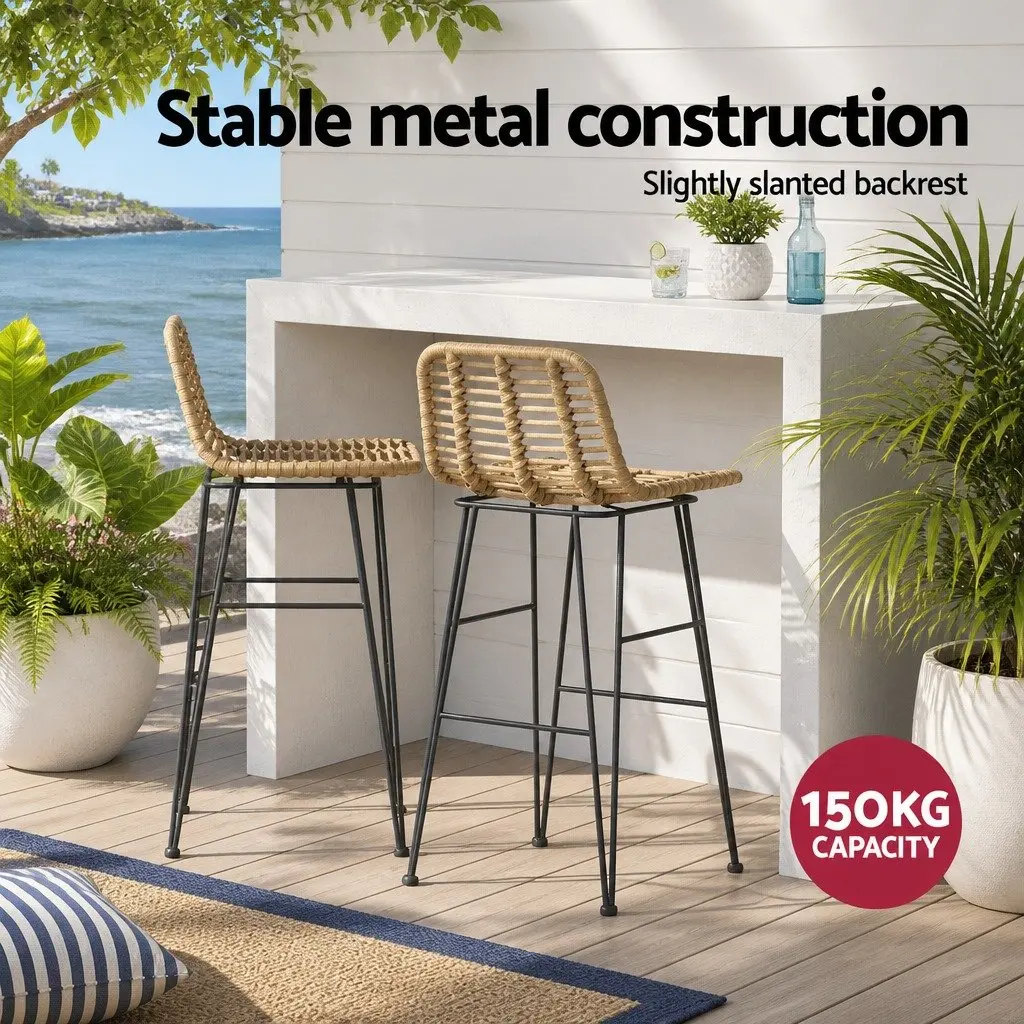 Outdoor Bar Stools Hand-woven Wicker with Backrest and Footrest Set of 2