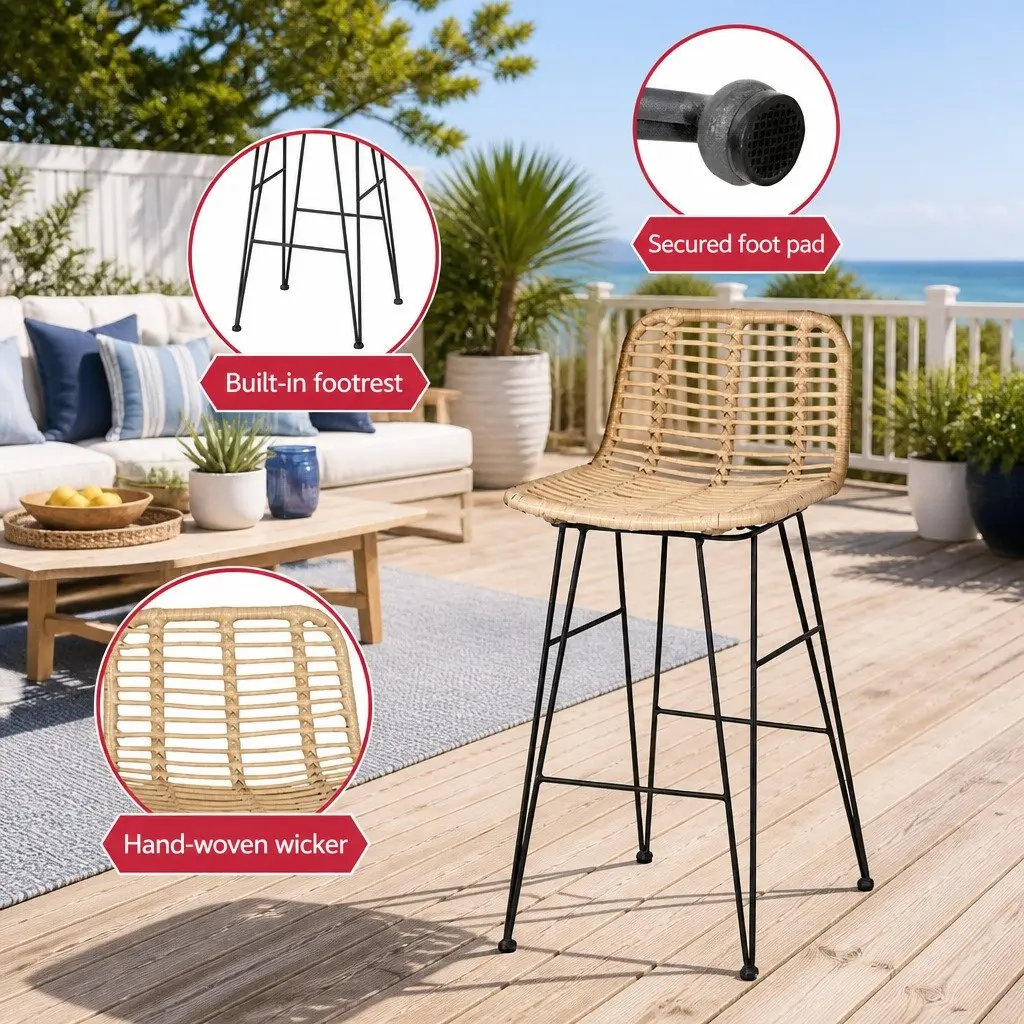 Outdoor Bar Stools Hand-woven Wicker with Backrest and Footrest Set of 2
