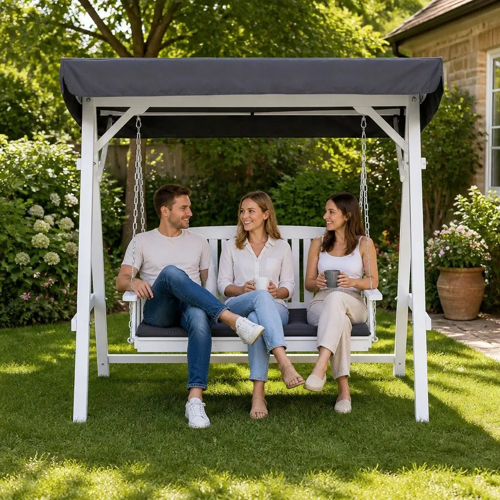 Outdoor Swing Chair 3 Seater Garden Bench with Canopy Cushion White