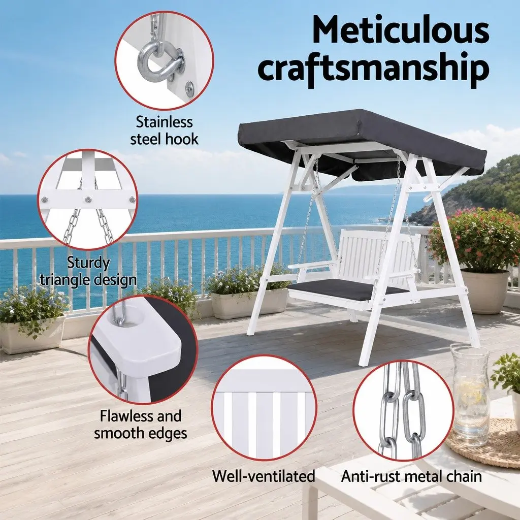 Outdoor Swing Chair 3 Seater Garden Bench with Canopy Cushion White
