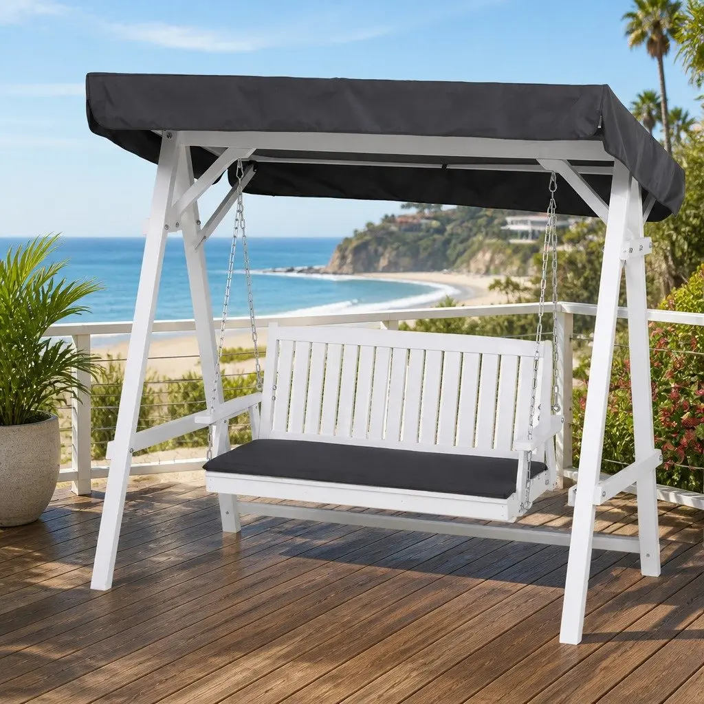Outdoor Swing Chair 3 Seater Garden Bench with Canopy Cushion White