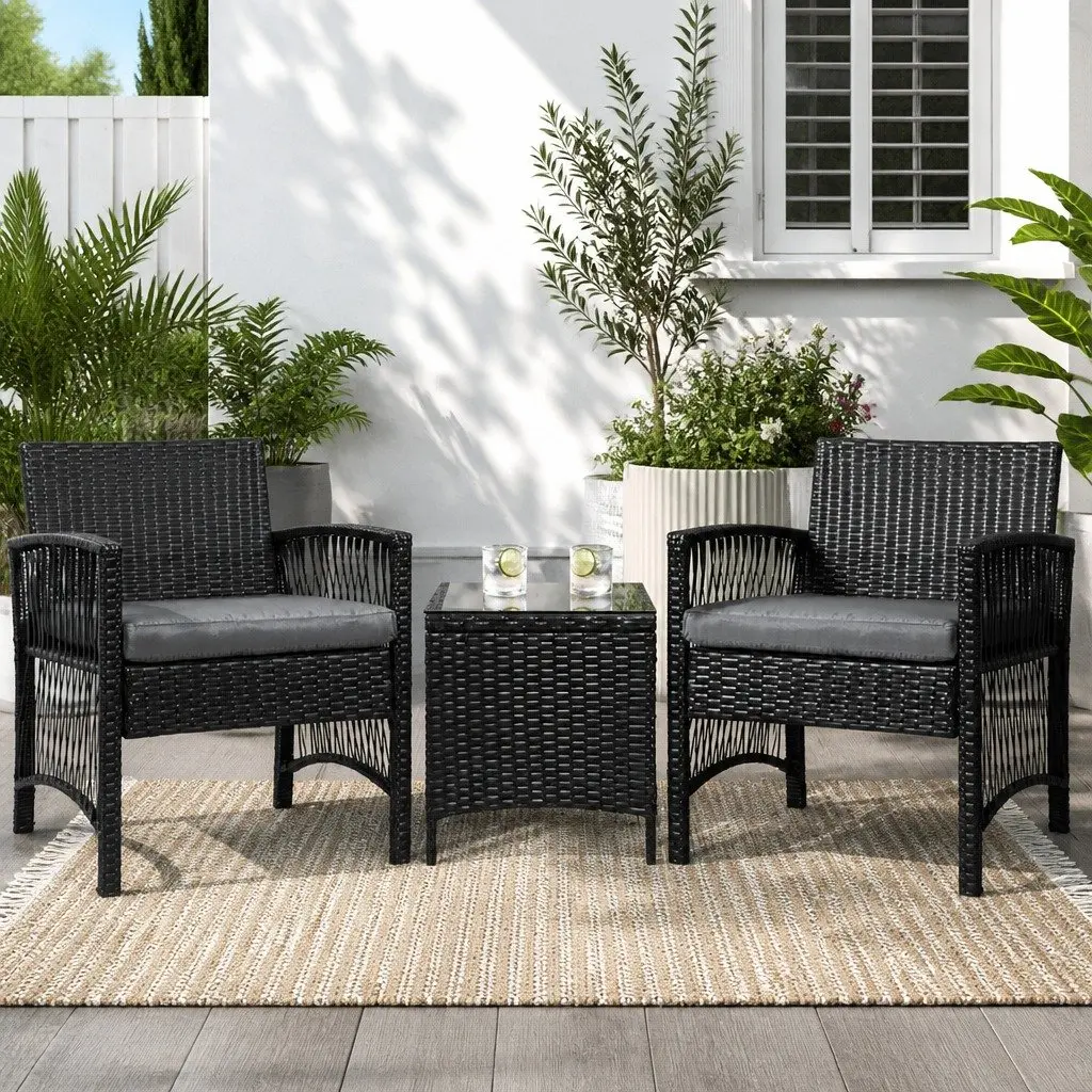 3 Piece Outdoor Bistro Set Wicker Black Cushion