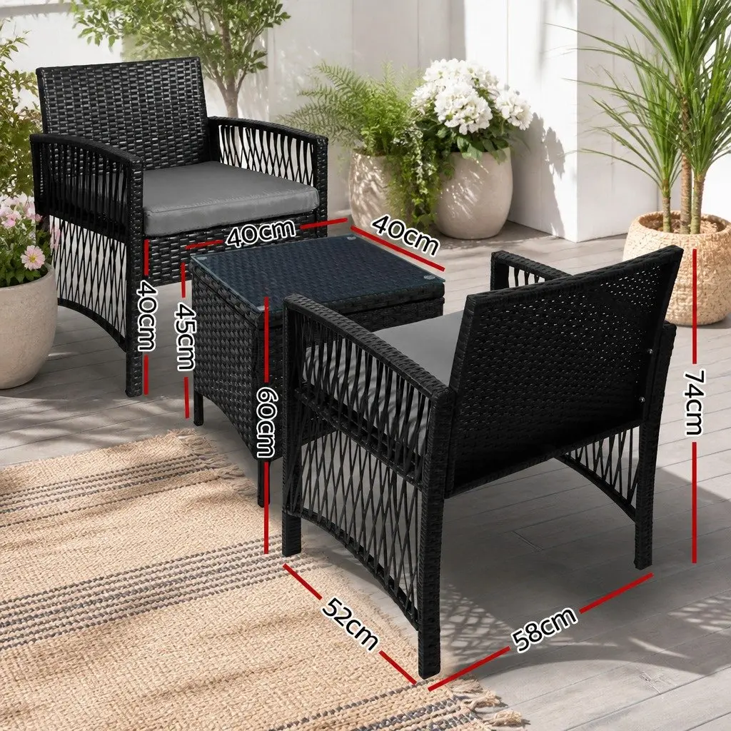 3 Piece Outdoor Bistro Set Wicker Black Cushion