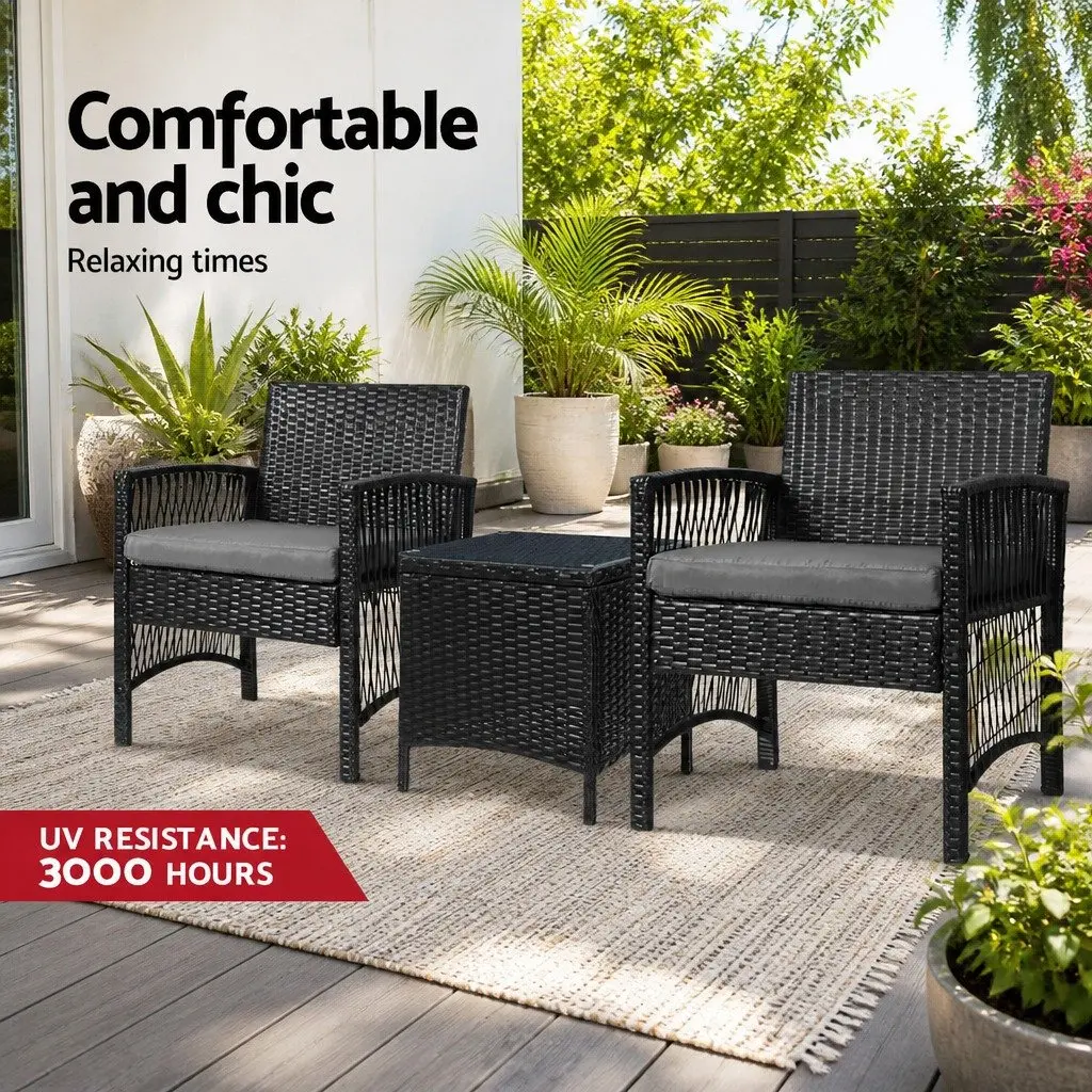 3 Piece Outdoor Bistro Set Wicker Black Cushion