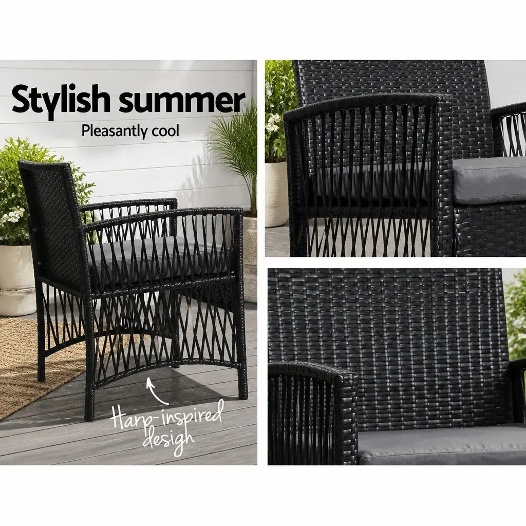 3 Piece Outdoor Bistro Set Wicker Black Cushion