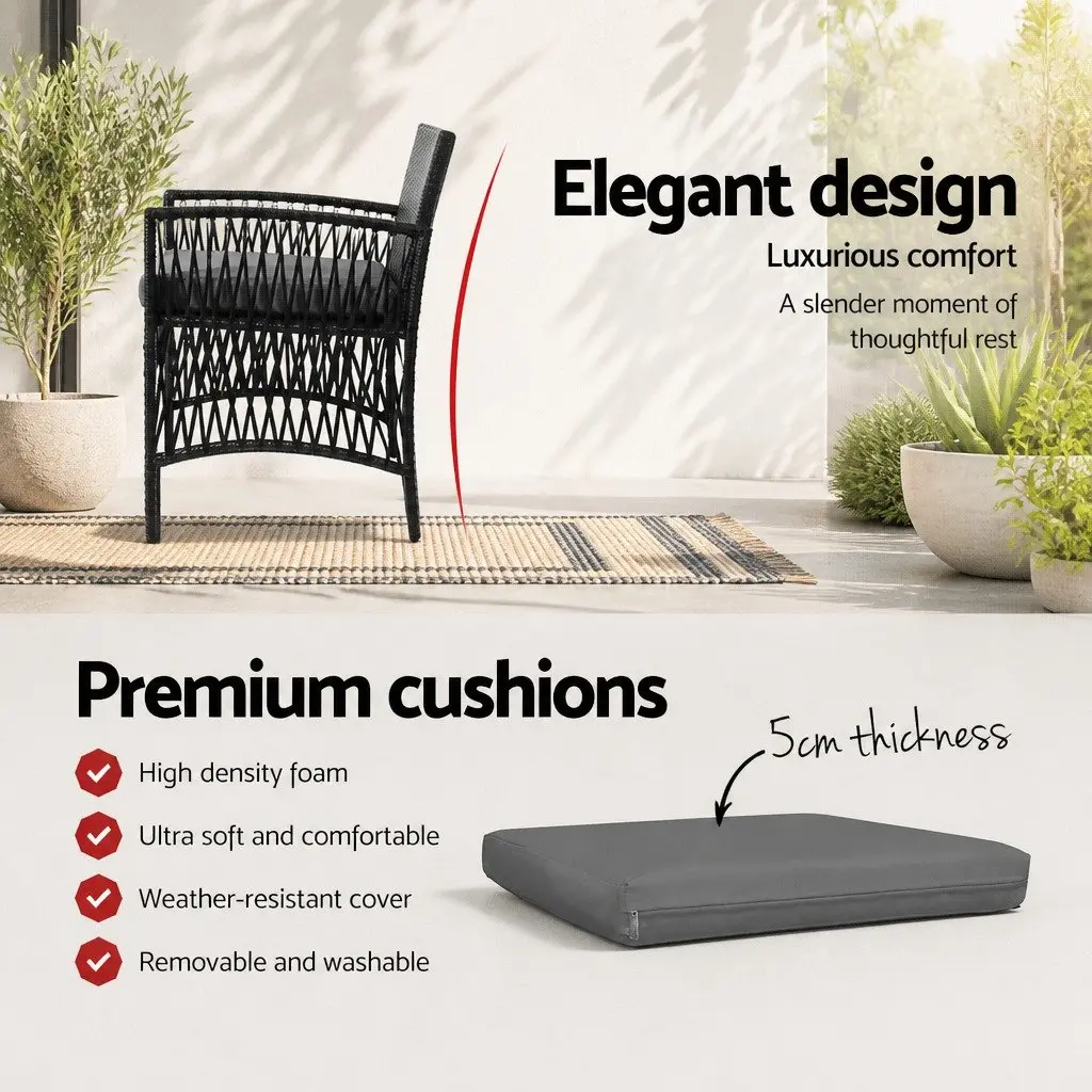 3 Piece Outdoor Bistro Set Wicker Black Cushion