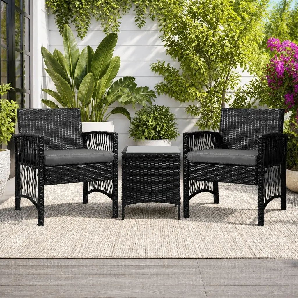 3 Piece Outdoor Bistro Set Wicker Black Cushion