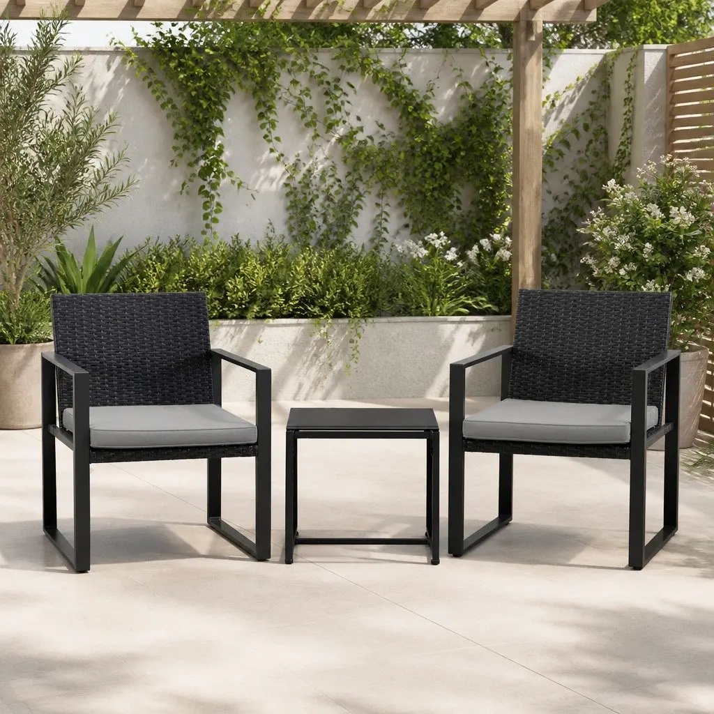 3PC Outdoor Bistro Set Patio Dining Chairs Table Wicker Furniture Black