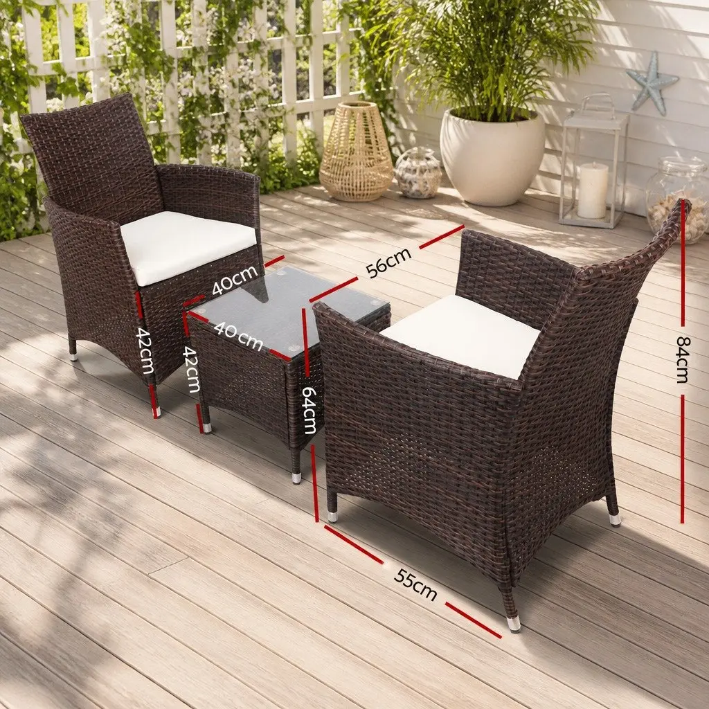 Outdoor Bistro Set 3-Piece Patio Chair and Table with Cushions Brown Wicker