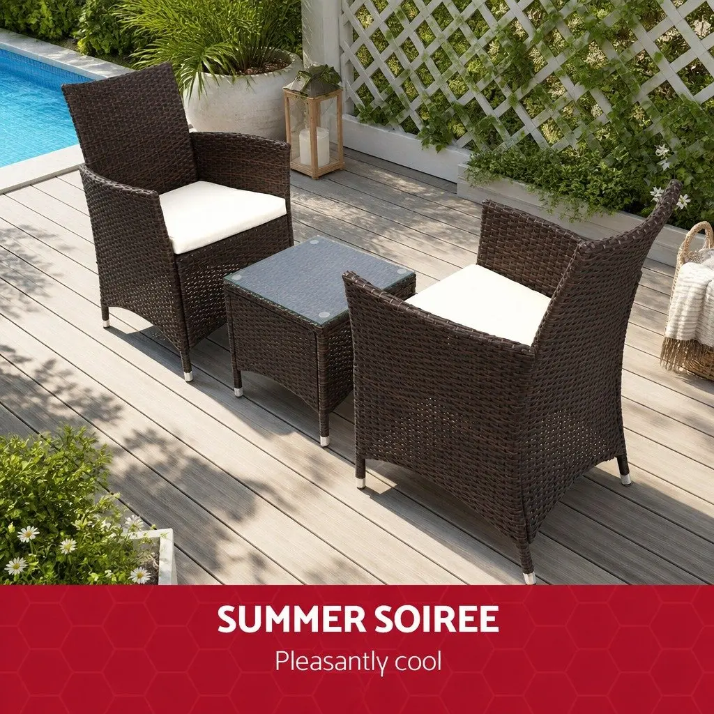 Outdoor Bistro Set 3-Piece Patio Chair and Table with Cushions Brown Wicker