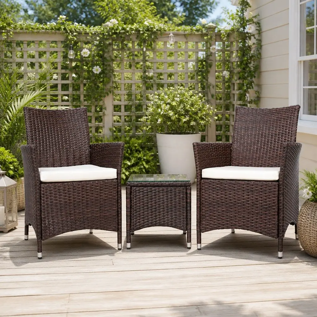Outdoor Bistro Set 3-Piece Patio Chair and Table with Cushions Brown Wicker