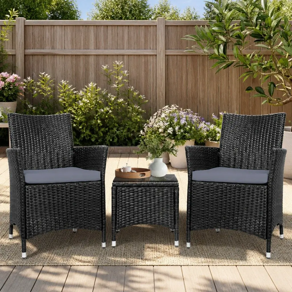 Outdoor Bistro Set Wicker Chairs with Cushions and Side Table Black