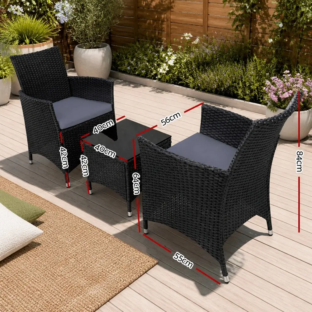 Outdoor Bistro Set Wicker Chairs with Cushions and Side Table Black