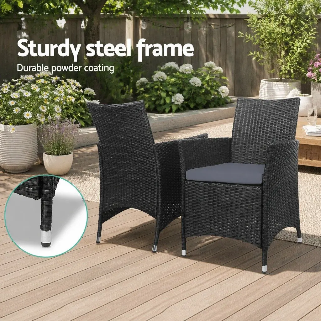 Outdoor Bistro Set Wicker Chairs with Cushions and Side Table Black