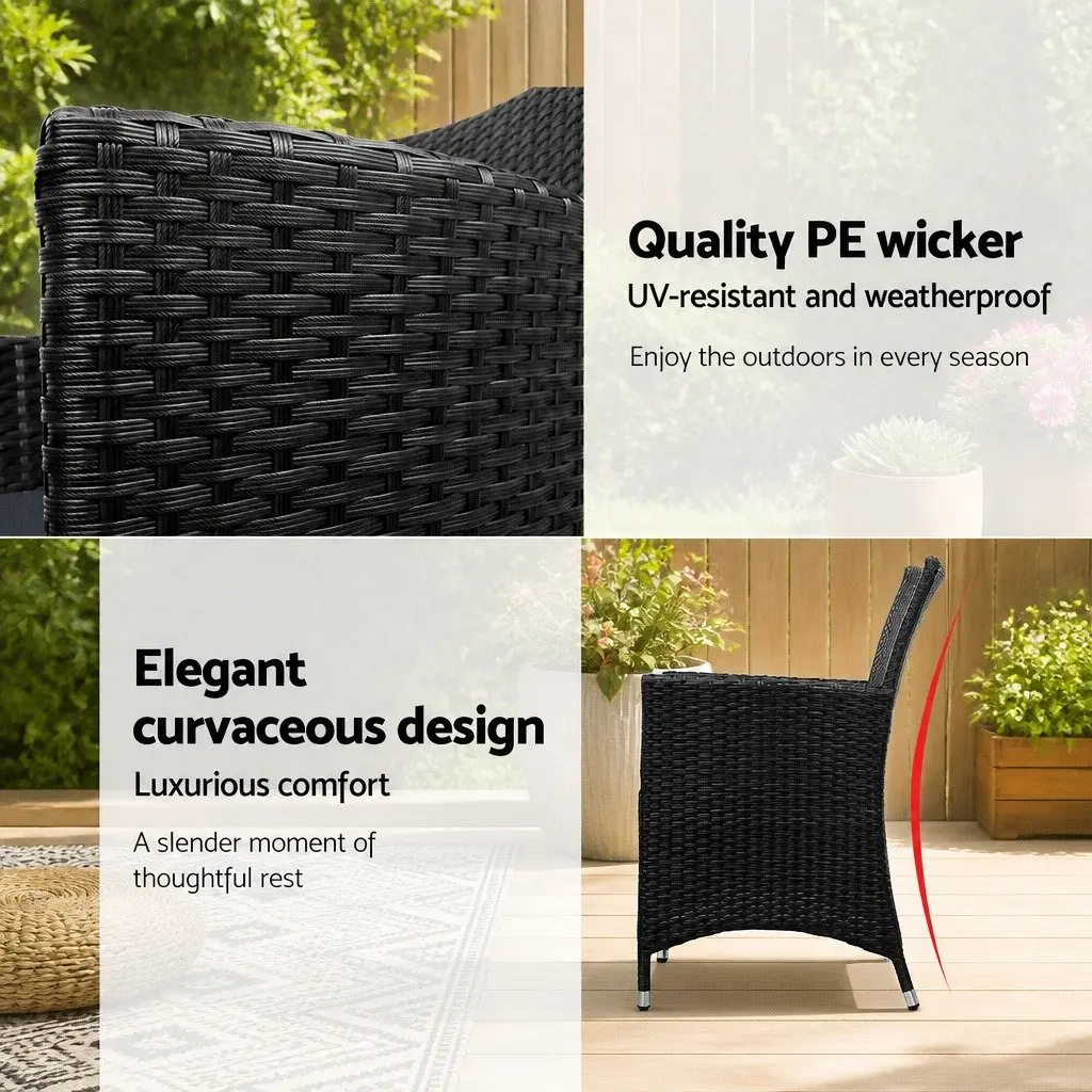 Outdoor Bistro Set Wicker Chairs with Cushions and Side Table Black