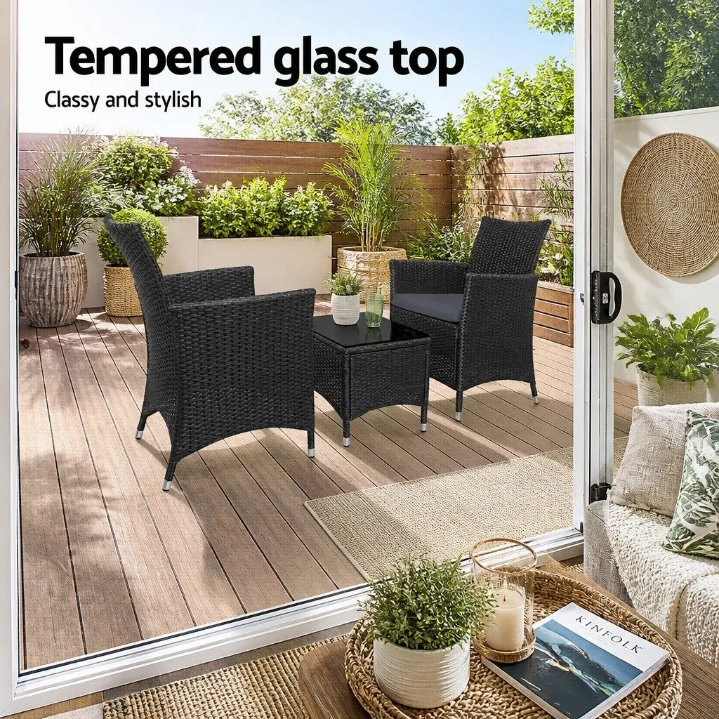 Outdoor Bistro Set Wicker Chairs with Cushions and Side Table Black
